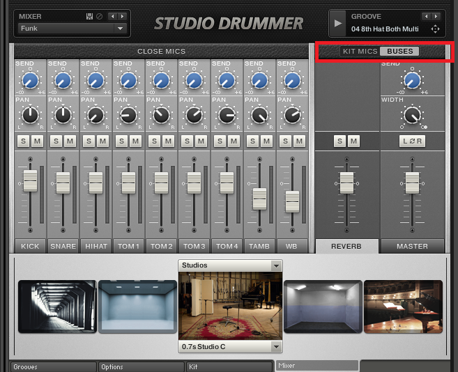 プラグイン音源「Studio Drummer」のミキサー画面